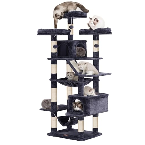Heybly Cat Tree 73 inches XXL Large Cat Tower for Indoor Cats,Multi-Level Cat Furniture Condo for Large Cats with Padded Plush Perch, Cozy Basket and Scratching Posts Smoky Gray HCT030G - Smoky Grey