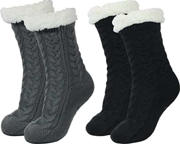 BenSorts Women Winter Thick Slipper Socks with Grippers Non Slip Warm Fuzzy Socks Christmas Gifts - 2 Pairs Black Grey