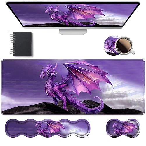 Ergonomic Keyboard Wrist Rest & Mouse Pad Wrist Rest Set, Large XXL Gaming Desk Mat 31.5"x 11.8" with Memory Foam, Easy Typing Pain Relief for Office & Home, Purple Dragon - Purple Dragon