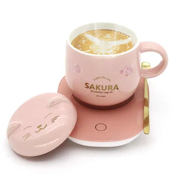 Coffee Warmer with Mug Set,Cute Cat Mug Set Beverage Cup Warmer for Desk Kawaii Mug Birthday Gifts for Women Smart Coffee Mug Warmer Candle Warmer Plate Sister Best Birthday Gift Boxes for Women Pink - Pink