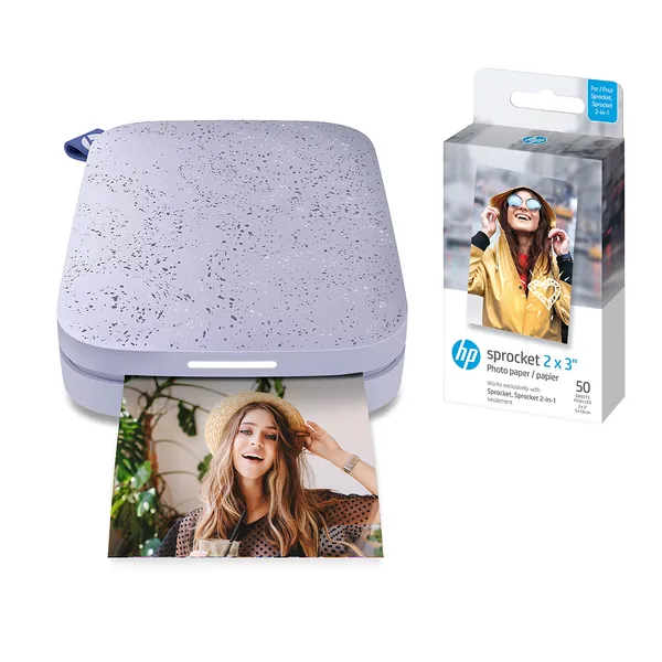 HP Sprocket Portable 2x3" Instant Photo Printer (Lilac) with HP Sprocket 2x3" Premium Zink Sticky Back Photo Paper (50 Sheets) - Lilac 50 Pack Paper Bundle