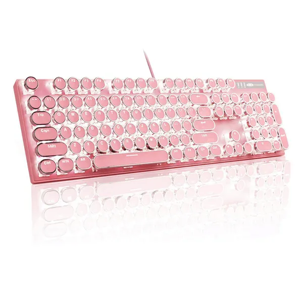 MageGee Typewriter Mechanical Gaming Keyboard, Retro Punk Round Keycap LED White Backlit USB Wired Keyboards for Game and Office, for Windows Laptop PC Mac - Blue Switches/Pink - Pink