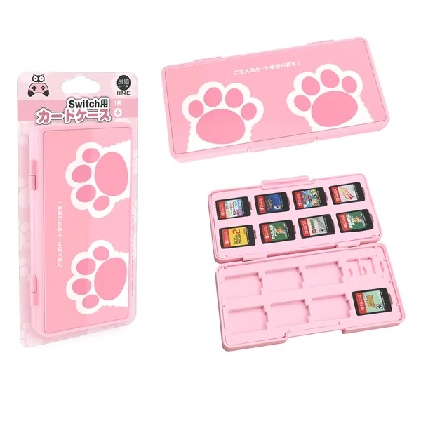 IINE Game Card Case for Nintendo Switch Game Card or Micro SD Cards, with 16 Game Card Slots, 2 Micro SD Card Slots Shockproof Water Resistant Card Holder Carrying Storage Box (Pink)