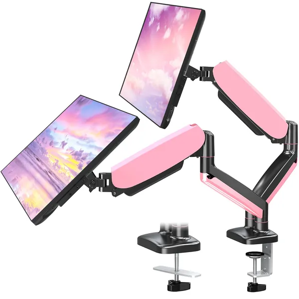 MOUNTUP Dual Monitor Desk Mount, Adjustable Gas Spring Monitor Stand for Two 17-32 Inch Computer Screen, 75x75/100x100 VESA Mount with Clamp and Grommet Mounting Base, Each Arm Holds 4.4-17.6lbs, Pink - Pink