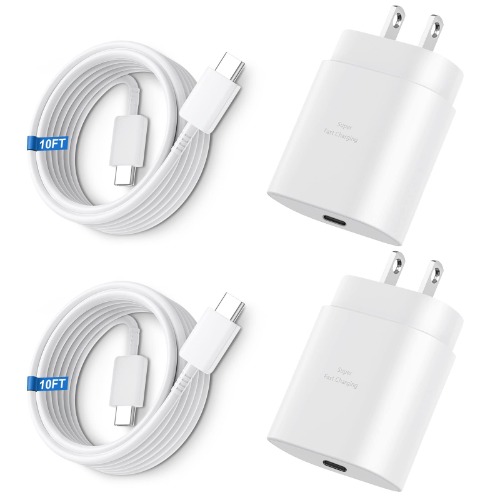 Super Fast Charger Type C, 25W USB C Wall Charger Fast Charging for Samsung Galaxy S23 Ultra/S23/S23+/S22/S22 Ultra/S22+/S21 Ultra/S20 Ultra/Note 20/Note 10/Z Fold 3 with 10FT C Charger Cable 2Pack - White 10FT