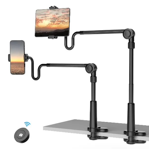 4.6"-11" Phone & Tablet Bed Holder with Wireless Remote,gooseneck Cellphone Stand Long arm,Flexible Overhead Mount clamp Clip for Desk Bedside headboard, Recording Filming, for iPhone/iPad/Tablet - Full- black