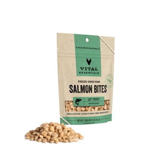 Vital Essentials Freeze Dried Raw Cat Treats, Salmon Bites, 1.1 oz - Salmon Bites - 1.1 Ounce (Pack of 1)