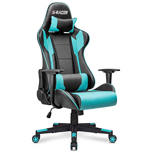 Homall Gaming Chair, Office Chair High Back Computer Chair Leather Desk Chair Racing Executive Ergonomic Adjustable Swivel Task Chair with Headrest and Lumbar Support (Cyan) - Cyan