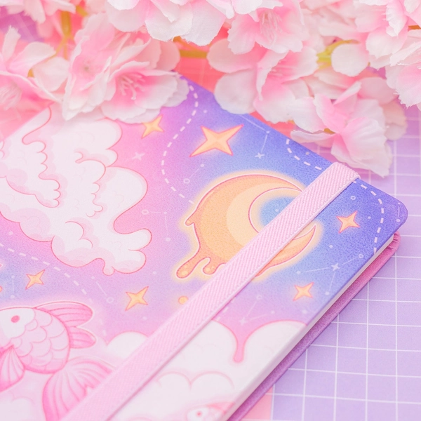Pink A5 hardcover notebook journal - Cosmic Swim - kawaii pastel bullet journal, aesthetic sketchbook, nautical, sea life, ocean, moon, star