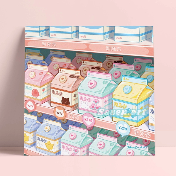 Milk Carton Art Print, Anime supermarket, convenience store, japanese store, anime aesthetic
