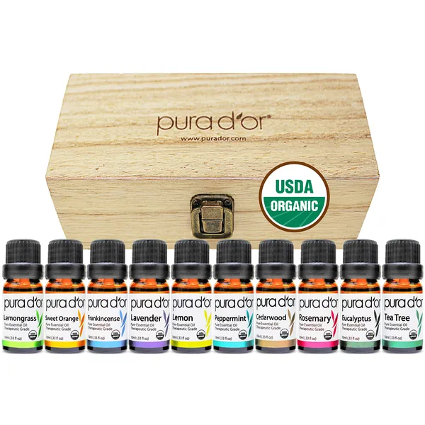 PURA D'OR Organic Essential Oils Set of 10 10ml Perfect10 Wood Box Gift Set, 100% Pure Therapeutic Grade Aromatherapy For Home Diffusers (Lavender, Tea Tree, Eucalyptus, Lemon, Cedarwood, Ylang Ylang) - 