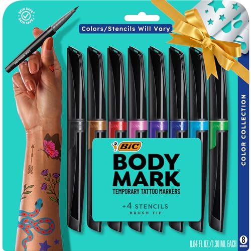 BIC BodyMark Temporary Tattoo Markers for Skin (MTBP81-AST), Color Collection, Flexible Brush Tip, Assorted Colors, Skin-Safe*, Cosmetic Quality 8-Count Pack - Color Collection - 8.0