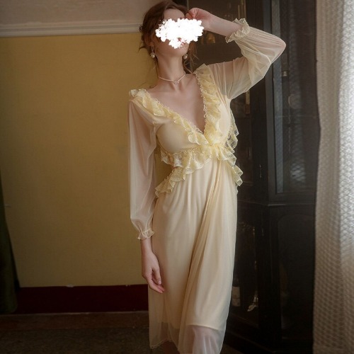 Women's Long Dress White Lace V-Neck Backless Princess Sleepshirts Vintage Ladies Nightgowns Nightdress Cute Lounge Sleepwear