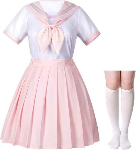 Elibelle Classic Japanese Anime School Girls Pink Sailor Dress Shirts Uniform Cosplay Costumes with Socks Hairpin set - XXX-Large--Asia 5XL Long Sleeve Pink