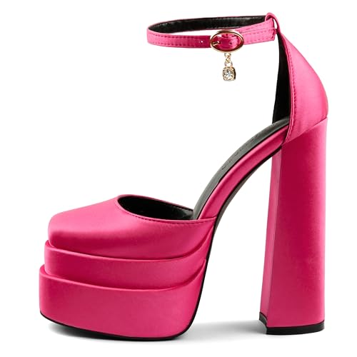 MERUMOTE Womens Sexy High Heels Platforms Pumps Square Toe Chunky Block Heels Rhinestone Party Shoes - 7 - Rose Satin