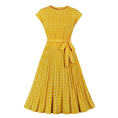 Wellwits Women's Polka Dots Cap Sleeves Pleated Vintage Dress - XX-Large - Yellow