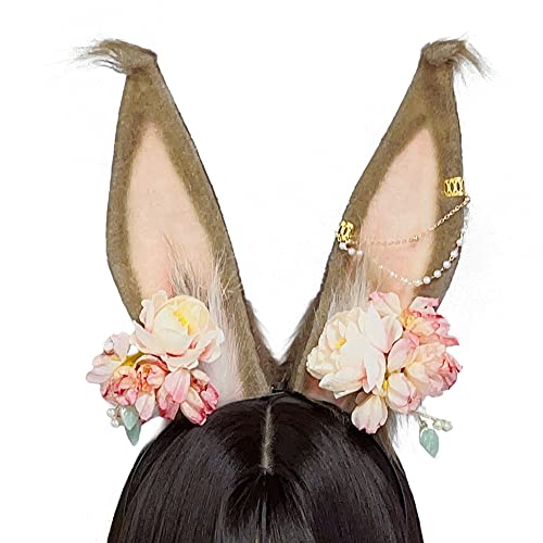 ATekatac Rabbit Ears Handmade Animal Ears Halloween Cosplay Bunny Ears Flower Headband (Chain Tan) - Chain Tan