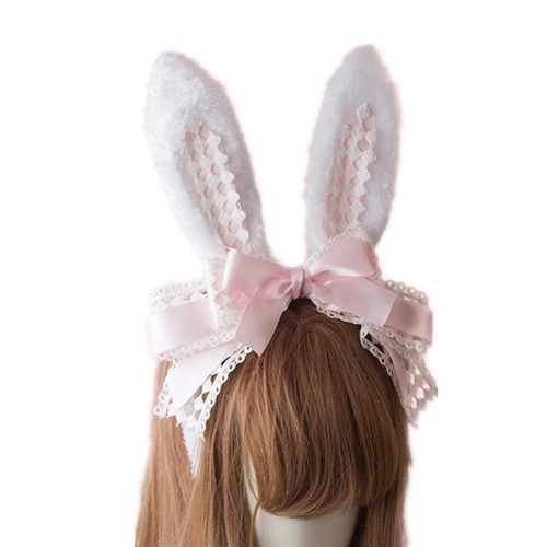 Easter Party Hair Accessory Headband Gothic Lolita Cosplay Cute Rabbit Bunny Ears Bow Lace Hair Band Headwear - Pink