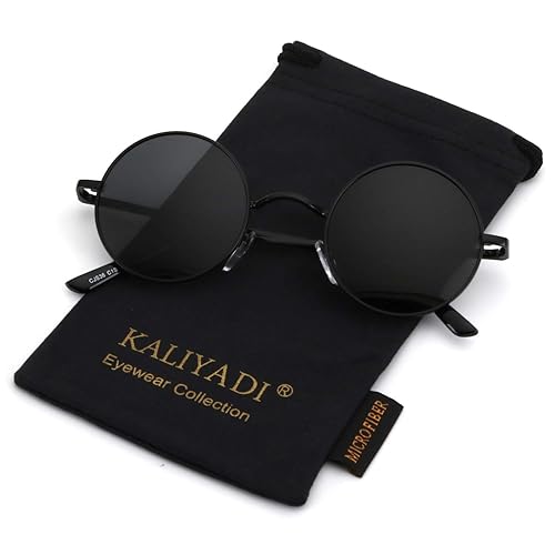 Round Polarized Sunglasses for Men Women Small Retro Metal John Lennon Style - 01-black Frame Black Lens - 45 Millimeters