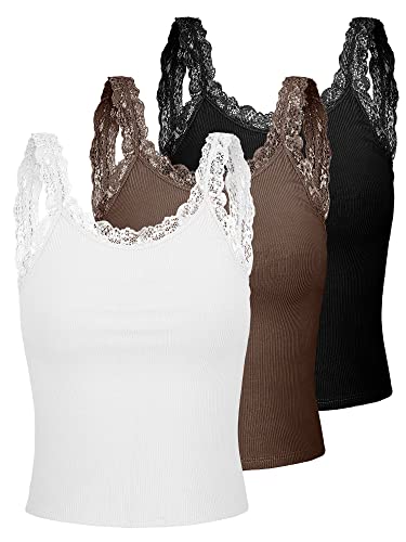 3 Pcs Women's Lace Patchwork Tank Top Lace Camisole Tank Tops Sleeveless Cami Crop Lace Trim Y2k Tops (Black, White, Coffee, Medium)
