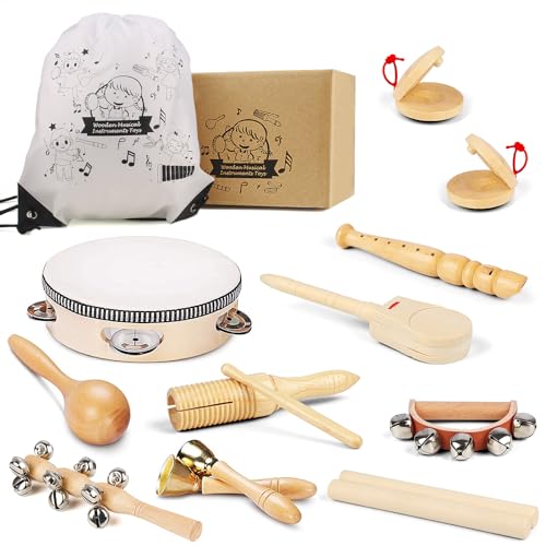 Chriffer Kids Musical Instruments Toys, Percussion Instruments Set with Storage Bag, Preschool Educational Music Toys for Boys Girls, Natural Eco-Friendly Wooden Music Set (11pcs) - 11PC