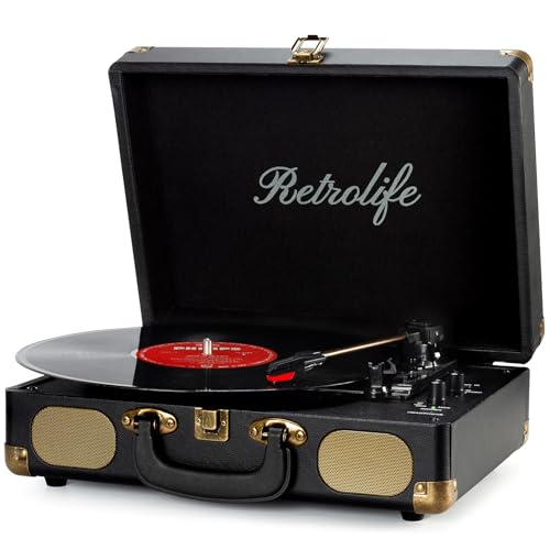 Giradischi Bluetooth 3-Velocità 33/45/78 Giri, Stereo Portatile Vintage Giradischi in Vinile con Altoparlanti Incorporati, Uscita Linea RCA, Ingresso AUX, Jack per Cuffie - Nero scuro