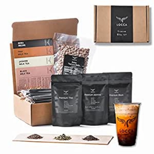 Locca Premium Boba Tea Kit (24+ Drinks) with Boba Pearls, Thai, Jasmine, Black Teas (Thai Bliss Edition) Loose Leaf Teas, Tapioca Pearls (Boba), Boba Straws DIY Bubble Tea Kit Thai Boba Tea Kit