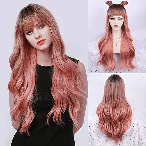 FORCUTEU Ombre Pink Wig with Bangs Long Pink Wavy Wigs for Women Long Pink Wavy Wig Pink Ombre Heat Resistant Wigs for Daily Party(Ombre Pink 26inch) - 26 Inch (Pack of 1) - Ombre Pink