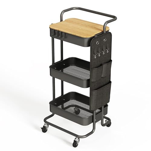 DTK 3 Tier Metal Utility Rolling Cart with Table Top and Side Bags, Tray Storage Organizer Wheels, Art Craft 4 Hooks for Kitchen Bathroom Office Living Room (Black) - large-Metal - Black