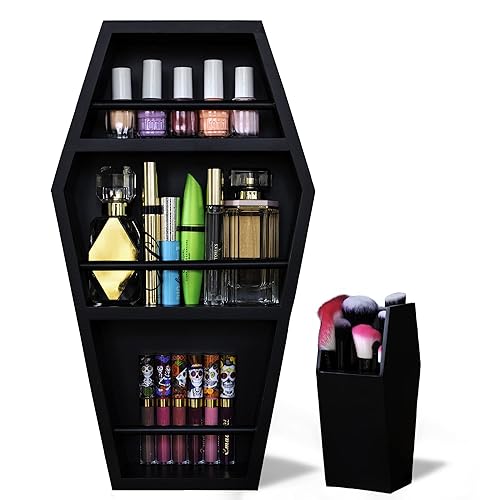 EpicGifts Coffin Shelf For Makeup - Goth Makeup Shelf For Bedroom - 3 Shelf Standing or Floating Wall Coffin Bathroom Standing Shelf With Coffin Makeup Brush Holder (Black)