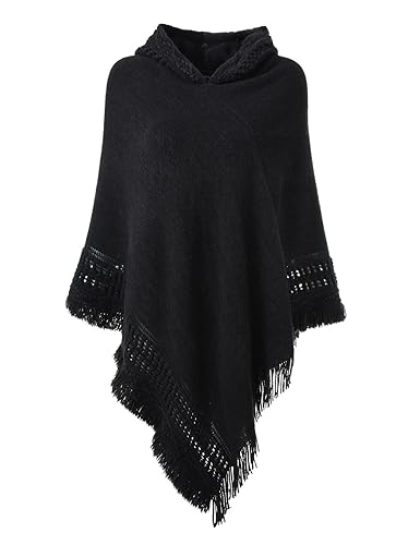 Ferand Ladies' Hooded Cape with Fringed Hem, Crochet Poncho Knitting Patterns for Women - One Size - Black