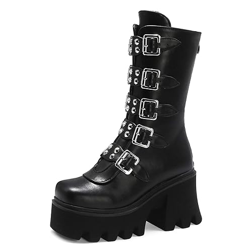 YIYA Black Platform Goth Boots for Women 