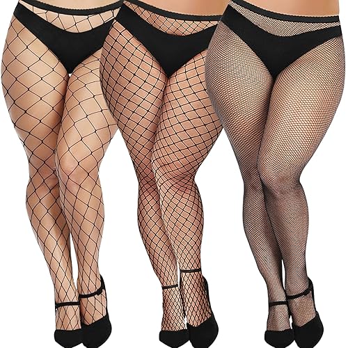 Buauty 3 PCS Black Fishnet Stockings for Women, Fish Nets Women Tights, Fishnet Tights Ladies Plus Size One Size Fit All - Queen - Black Queen