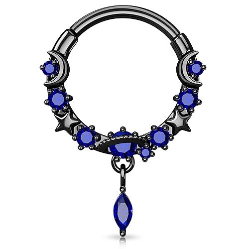 Melighting Black Septum Ring 16G, Planet Septum Jewelry Surgical Steel 316L, Dangle Daith Piercing Jewelry Clear CZ, Helix Earring Conch Tragus Piercing for Women - Blue - 16G 8mm