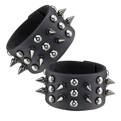 Eigso 2 Pcs Spike Studded Rock Punk Biker Wide Strap Leather Bracelet Set Gothic Rivet Buckle Wristband for Men Women - Silver