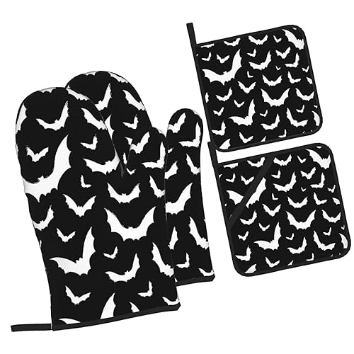 HOYYU Halloween Black Bats Oven Mitts and Pot Holders Set of 4 Heat Resistant Kitchen Potholder Oven Gloves for Cooking Baking Grilling BBQ Mittens Non Slip Kitchen Accessories Gifts - Bats