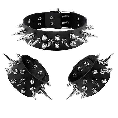 Manfnee Leather Studded Spike Bracelet Choker