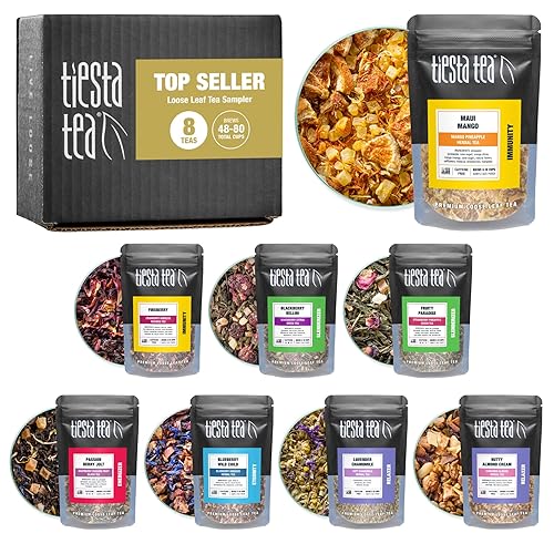 Tiesta Tea Top 8 Favorites Sampler Set, Up to 80 Cups, High to No Caffeine, Hot & Iced Tea, Loose Leaf Tea Variety Pack with Green, Herbal, Black & Chai Tea, 8 Sample Pouches - Best Seller Tea Sampler Set