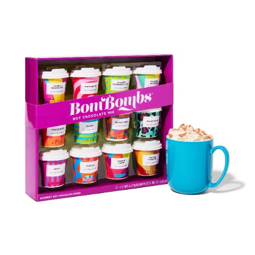 BomBombs by Thoughtfully, Hot Chocolate Mix Gift Set with Mini Cup Packaging, Dessert Flavors Include Peppermint, Salted Caramel, Vanilla, Pumpkin Pie and More, Set of 12