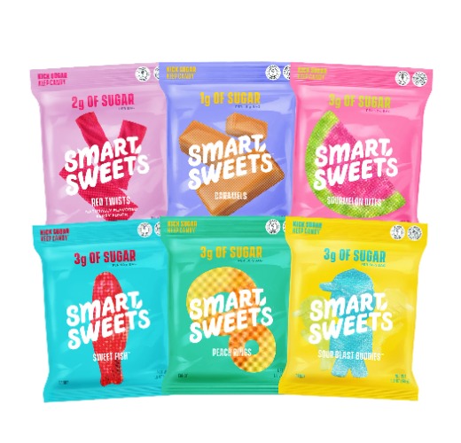 SmartSweets Variety Pack Sampler, Candy With Low Sugar & Calorie - Sweet Fish, Sourmelon Bites, Peach Rings, Sour Blast Buddies, Red Twists, & New Soft Caramels, (Pack of 6 Individual Flavors)
