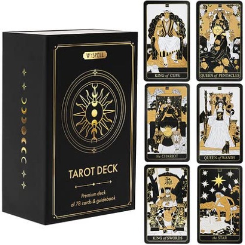 Wyspell Classic Tarot Deck with Guidebook - 78 Gold Tarot Cards for Beginners Tarot Deck Set - Black Tarot Decks with Guidebook - Original Tarot Cards Deck with Guidebook - 