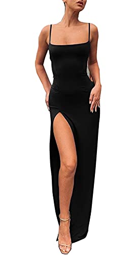 PRIMODA Women's Spaghetti Strap Backless Thigh-high Slit Bodycon Maxi Long Dress Club Party Dress - Small - Black
