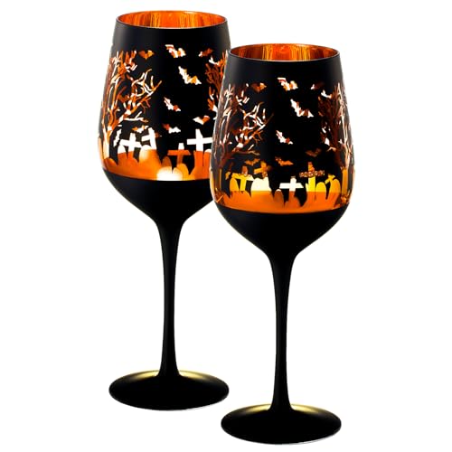 Crystal Halloween Stemmed Wine Glasses - Set of 2 - Themed Vibrant Black & Gold Etched Spooky Graveyard Pattern Frosted Glass, Perfect for Themed Gothic Parties Trick Or Treat Gift For Him Her (14 OZ) - Stemmed