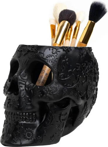 The Wine Savant Skull Makeup Brush Holder and Pen Holder Extra Large, Strong Resin Extra Large Halloween, Black Skull Brush Holder - Black