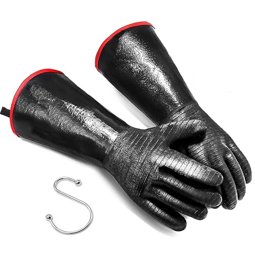 JENPOS BBQ Gloves - 1472°F Thicken Heat Resistant Gloves w/S-Hook 14 in Kitchen Oven Mitts Waterproof Grill Gloves Oil Resistant Grilling Gloves Cooking Gloves for Turkey Fryer/Baking/Oven/Smoker - Black