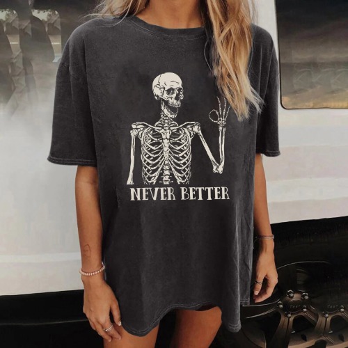Goth 'Never Better' Black/Grey Skull T-Shirt - Dark Grey / XL