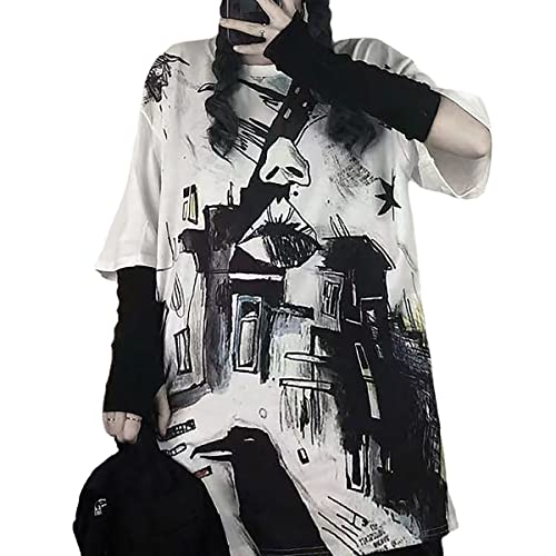 LREUIP Gothic Oversized Printed T-Shirt Harajuku Street Trend Men and Women's Personality Loose Print Punk Short Sleeve - X-Large - Write
