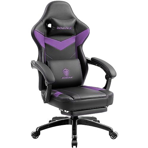 Dowinx Gaming Chair with Pocket Spring Cushion,Breathable PU Leather Computer Chair High Back, Reclining Game Chair with Footrest and Massage Lumbar Support, Purple - Purple - with footrest