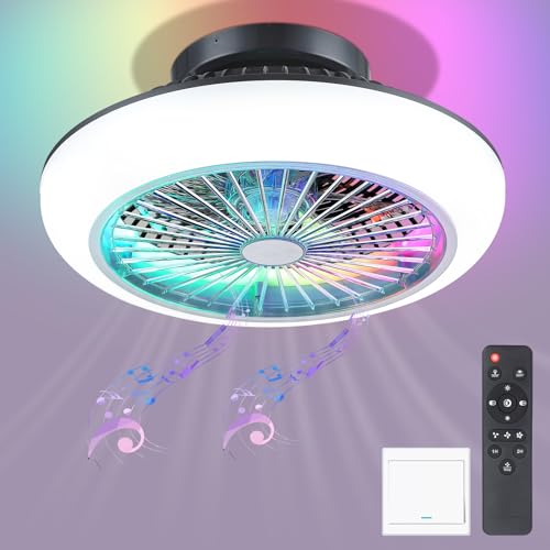 20"Bladeless Low Profile Ceiling fans With Lights and Remote, Modern Flush Mount Enclosed 7-Color RGB Ceiling Fan With Smart APP Control Music Speaker For Bedroom Small Spaces Party - 20IN RGB