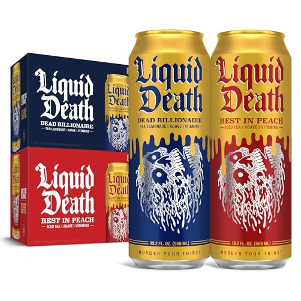 Liquid Death Dead Billionaire (aka Armless Palmer) & Rest in Peach Iced Black Tea Mixed Pack (16 x 19.2 oz King Size Cans)